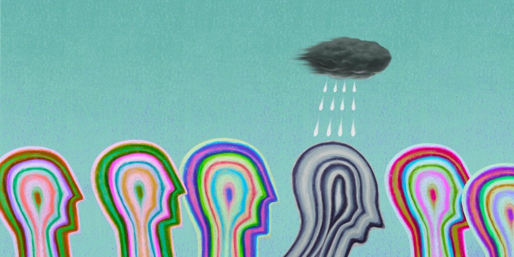 Bunte Menschen in einer Grafik, wobei einer mit einer dunklen Wolke über sich schwarz-weiß wird