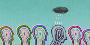 Bunte Menschen in einer Grafik, wobei einer mit einer dunklen Wolke über sich schwarz-weiß wird